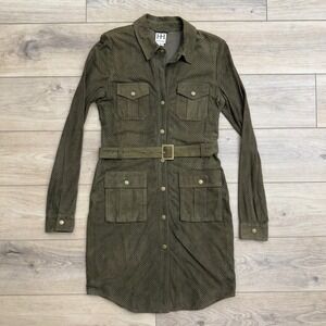 Haute Hippie Suede Leather Shirt Dress Olive Green Perforated Belted‎ Utility